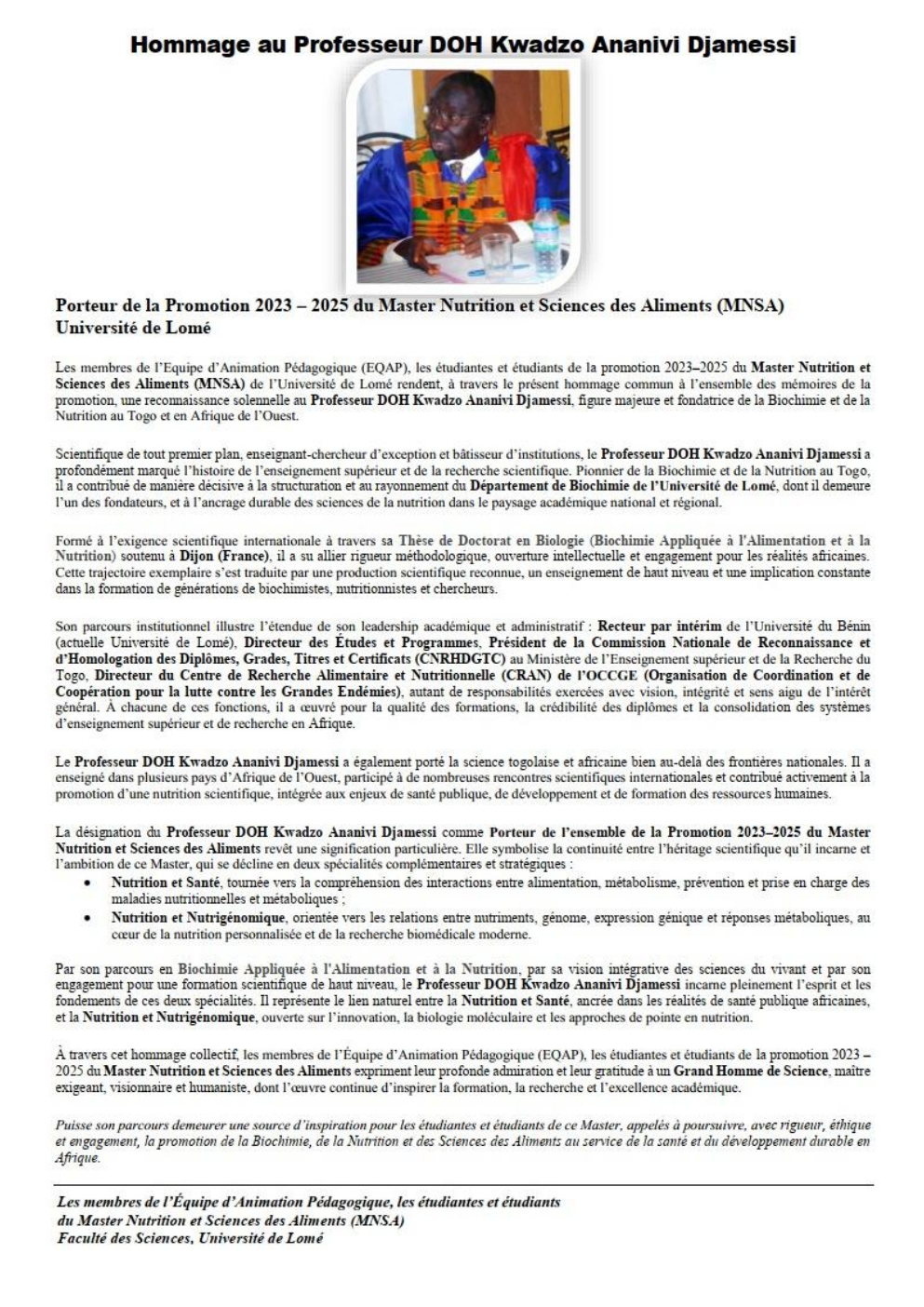 Hommage au Professeur DOH Kwadzo Ananivi Djamessi — Promotion 2023–2025 MNSA, Université de Lomé